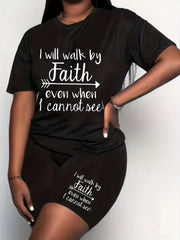 Slogan Print Top & Shorts Set