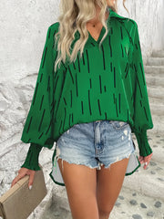 Stripe Print Lantern Sleeve V Neck Tunic Top