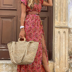 Boho Paisley Print V Neck Belted Dress