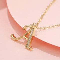 Golden Copper Rhinestone Alphabet Pendant Necklace