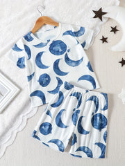 Boys Moon Print T-shirt & Shorts 2pcs Loungewear Pajamas