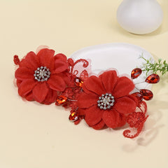 Red Flower Head Piece Rhinestone Bridal Hair Accessories