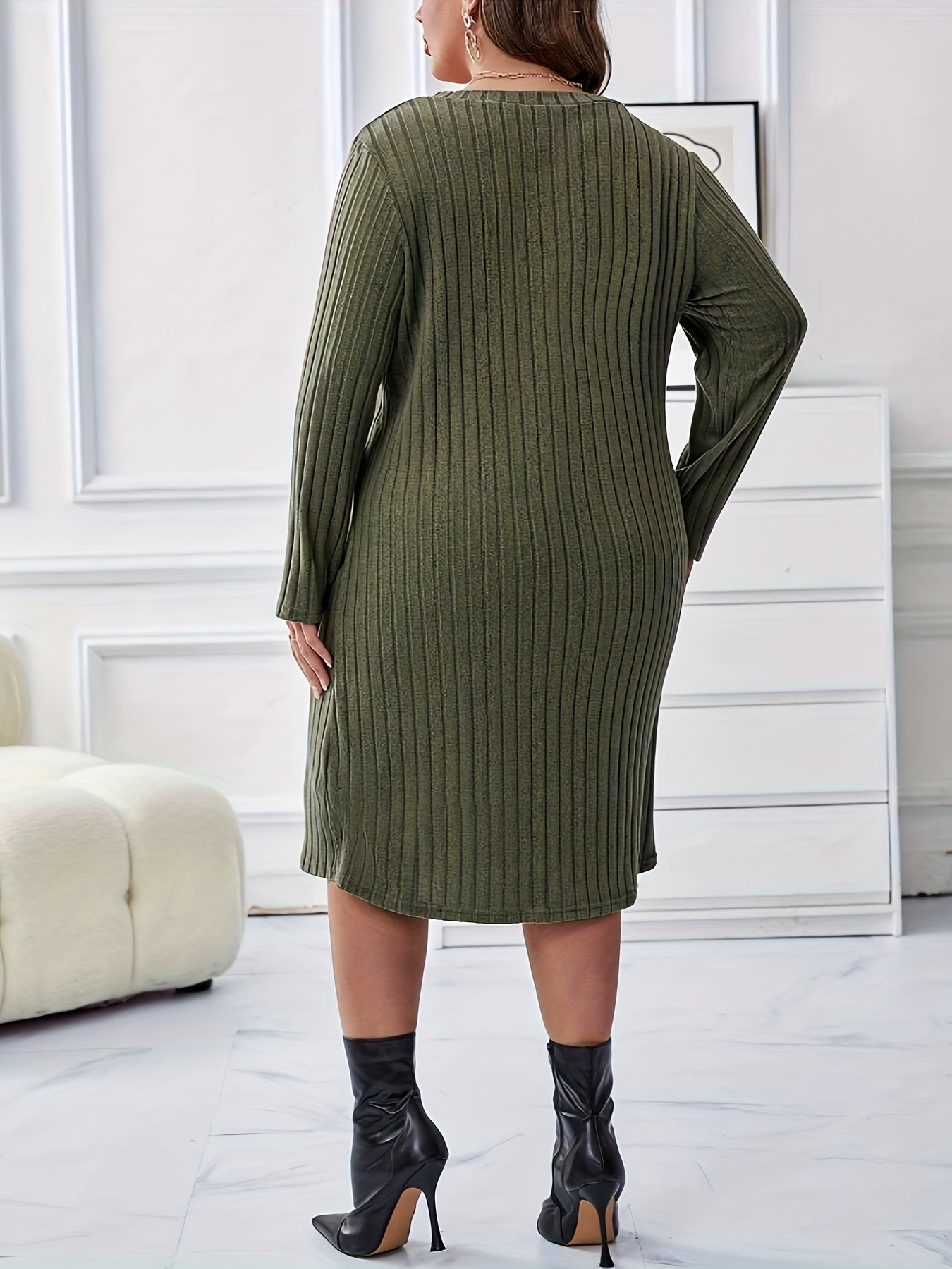 Solid Long Sleeve V Neck Ribbed Knit Sleep Dress
