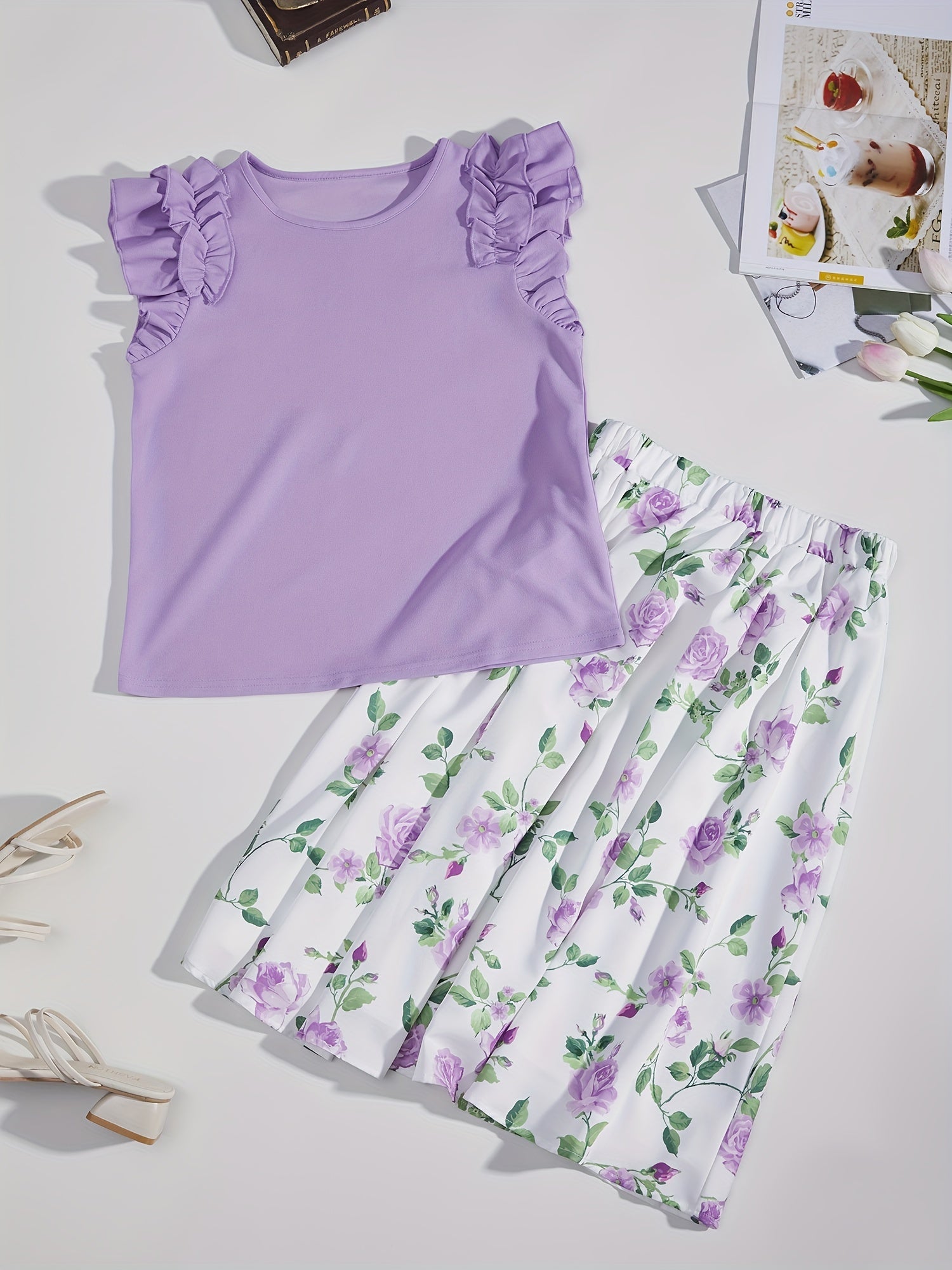 Girl's Ruffle Sleeve Shirt & Floral Skirt Set