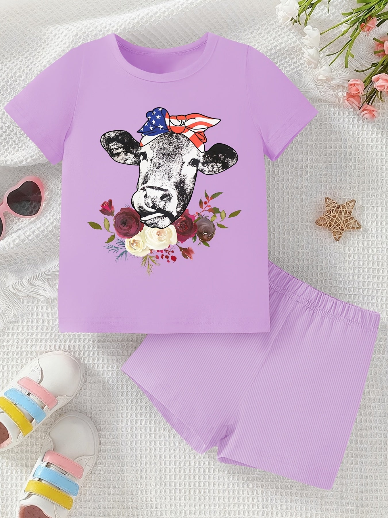 Bull Pattern Girl's 2pcs T Shirt & Shorts Set for Summer