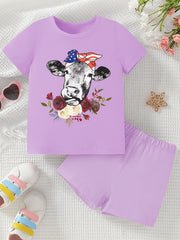 Bull Pattern Girl's 2pcs T Shirt & Shorts Set for Summer
