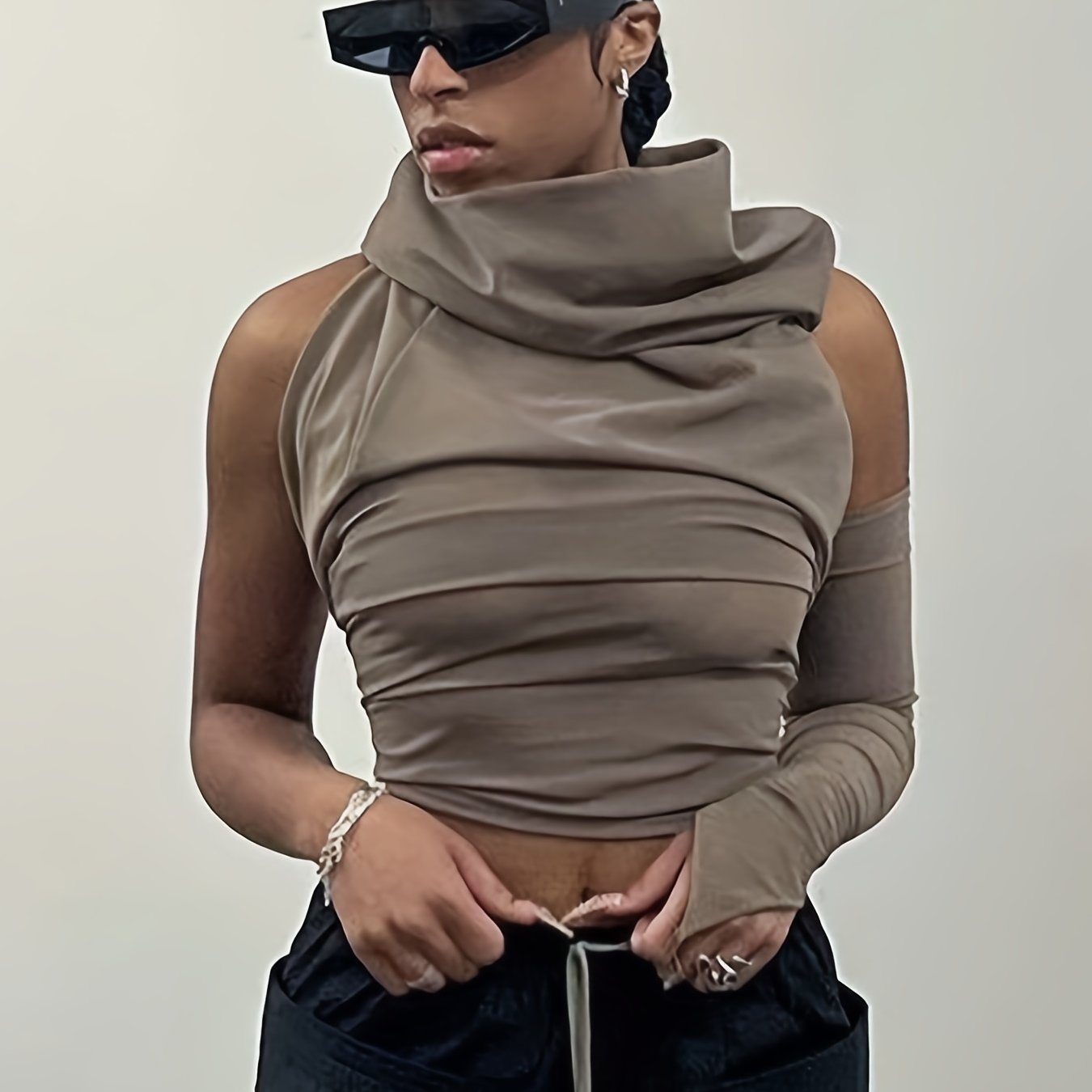 Ruched Crop Hoodie Halter Neck Backless Solid Hoodie