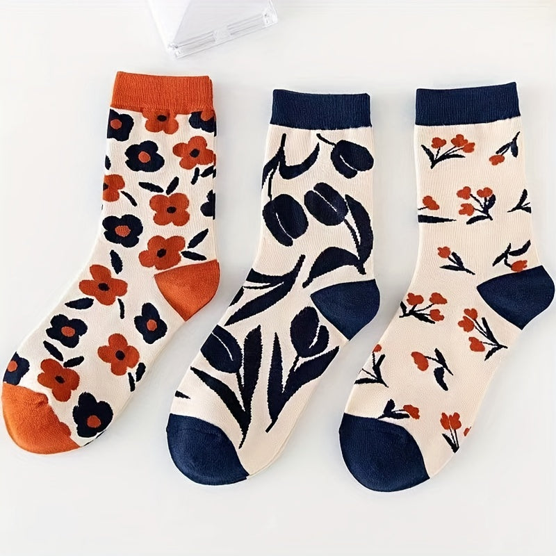 3 Pairs Floral Print Socks Comfy & Breathable Mid Tube Women's Stockings