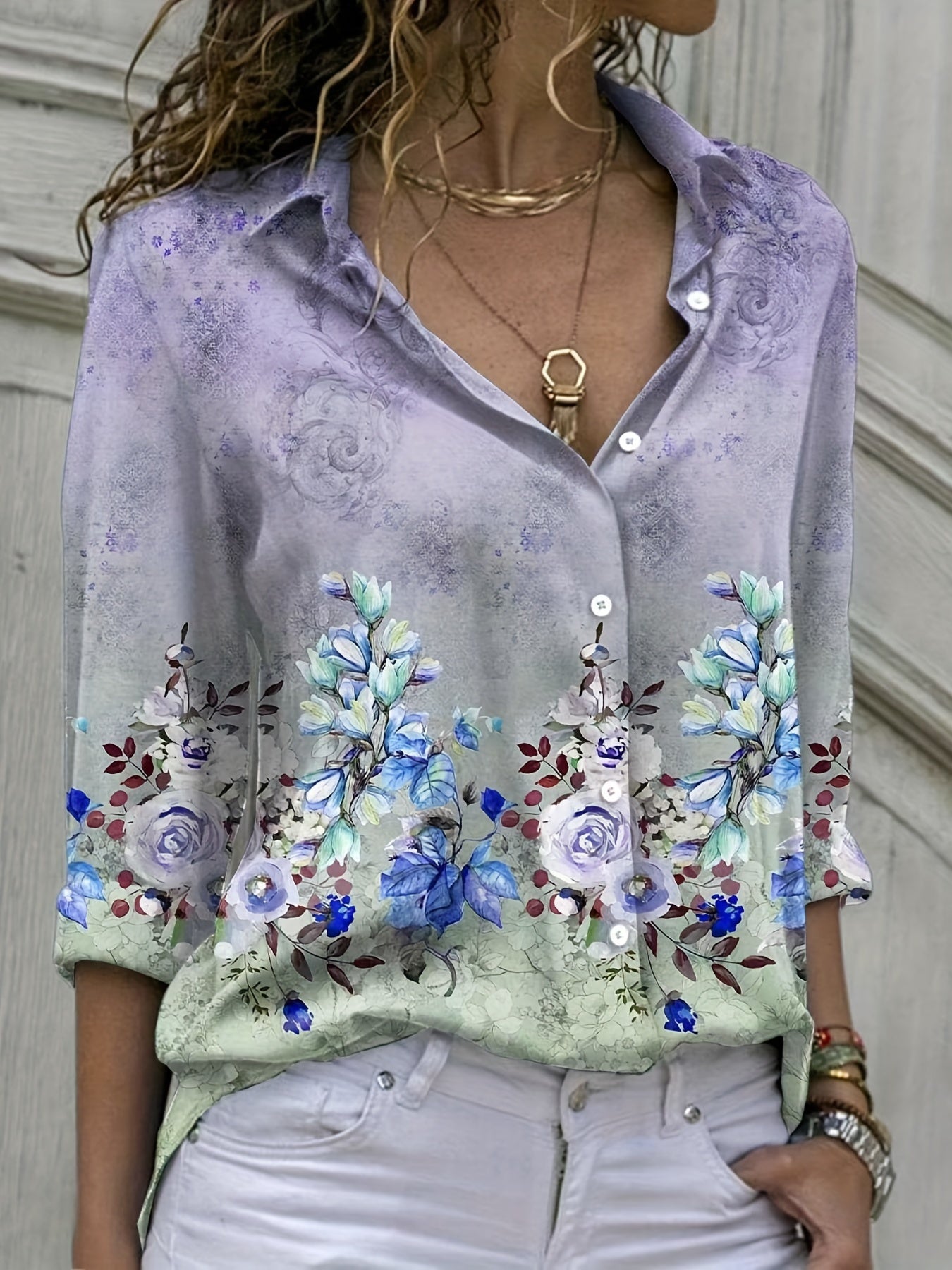 Blouse Women's Plus Floral Print Ombre Long Sleeve Shirt Top