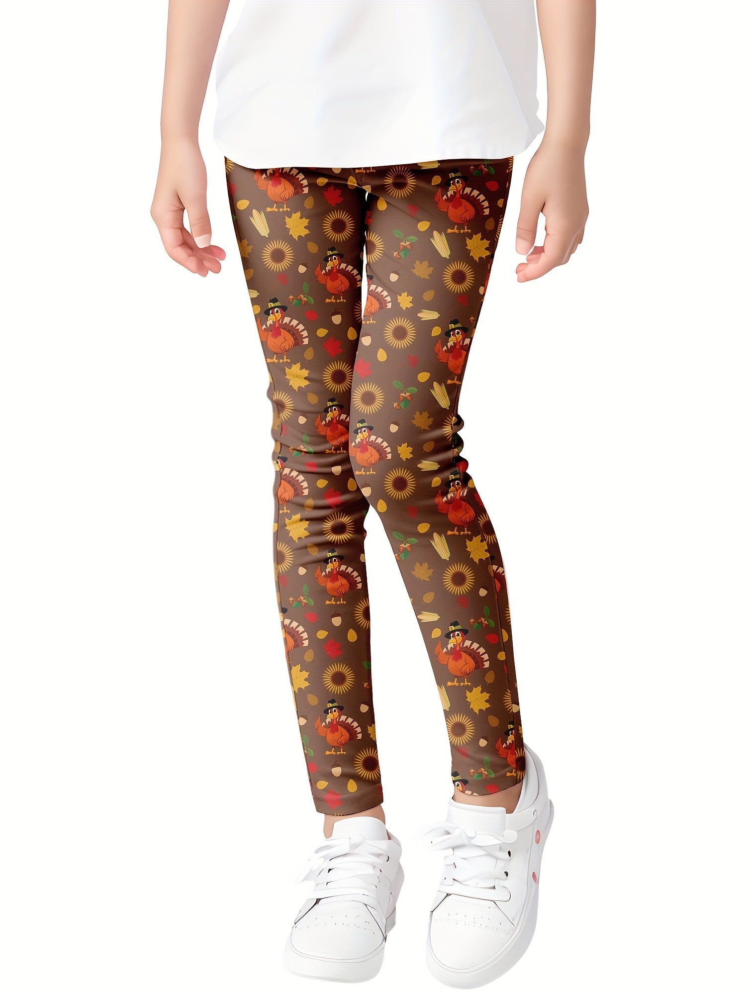 Girls' Thanksgiving Leggings with Turkey Pumpkin Dwarf Pattern