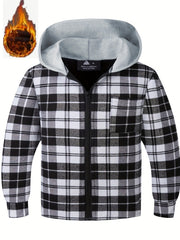 Kid's Plaid Pattern Hooded Jacket Zip Up Warm Coat Boy's Clothes