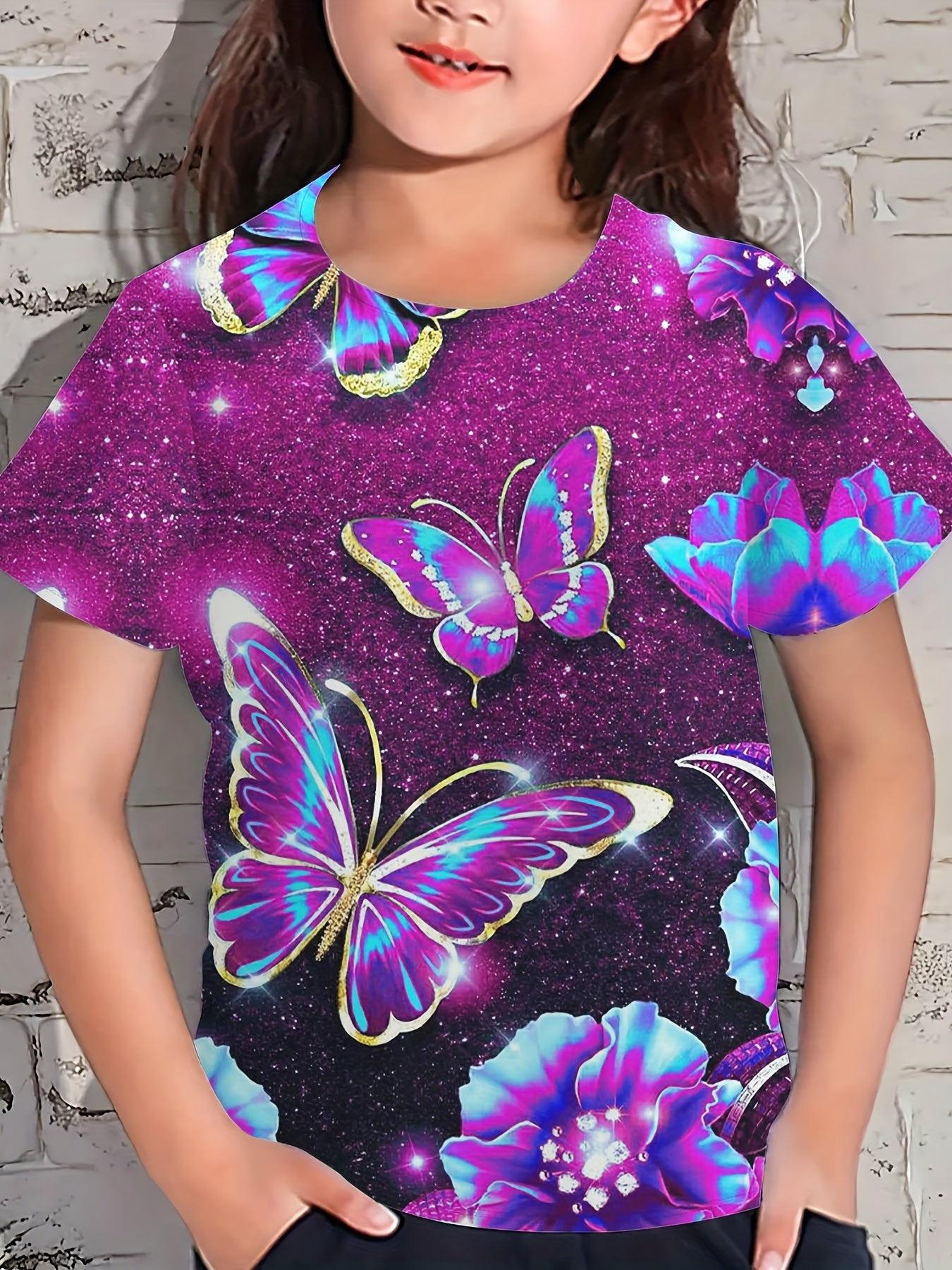 Girls Butterfly Pattern Short Sleeve T shirt - Summer Sports