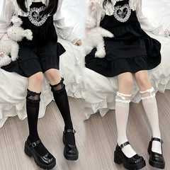Bow Decor Lace Trim Calf Socks Knee High Stockings Women's Hosiery