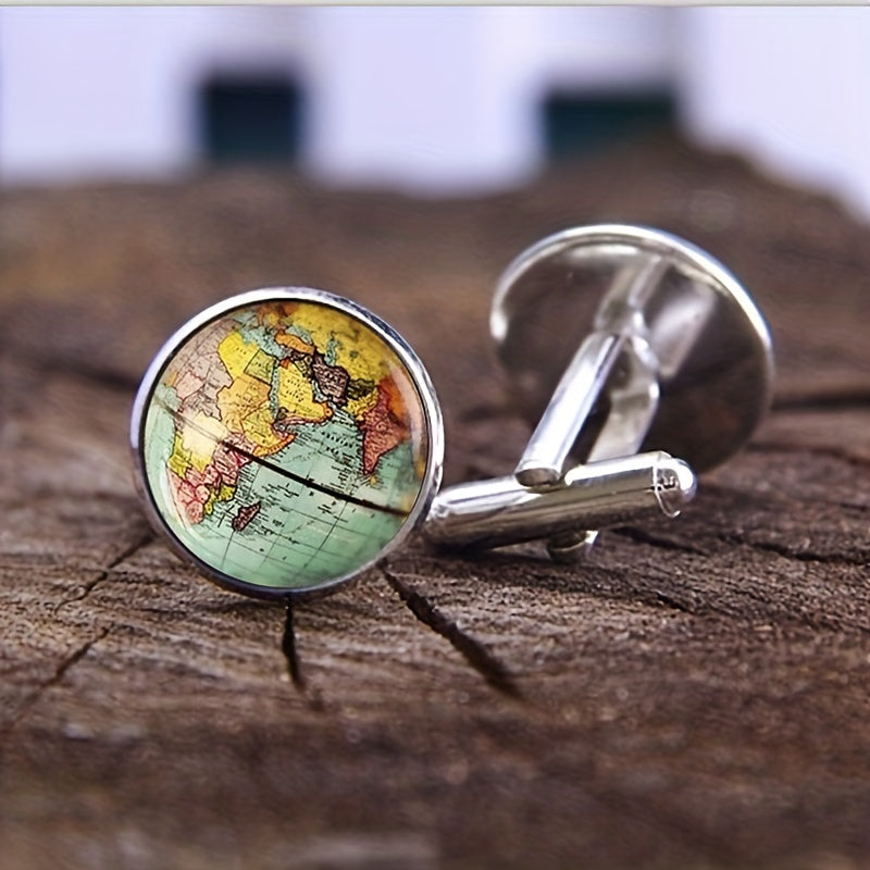 Retro Style World Map Cufflinks Glass Alloy Material