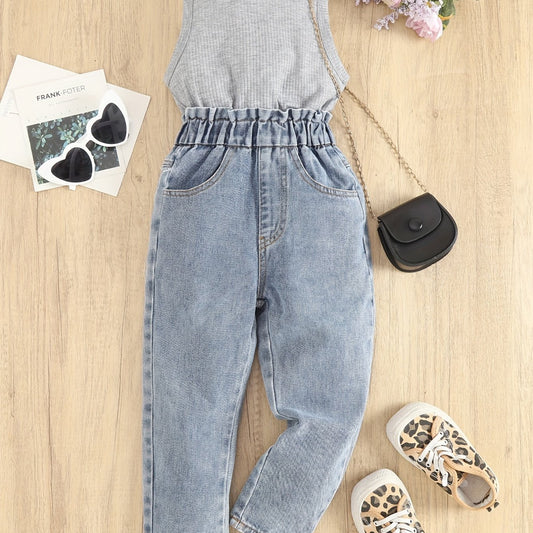 Girls Casual Elastic Waist Jeans Sleeveless Top Set