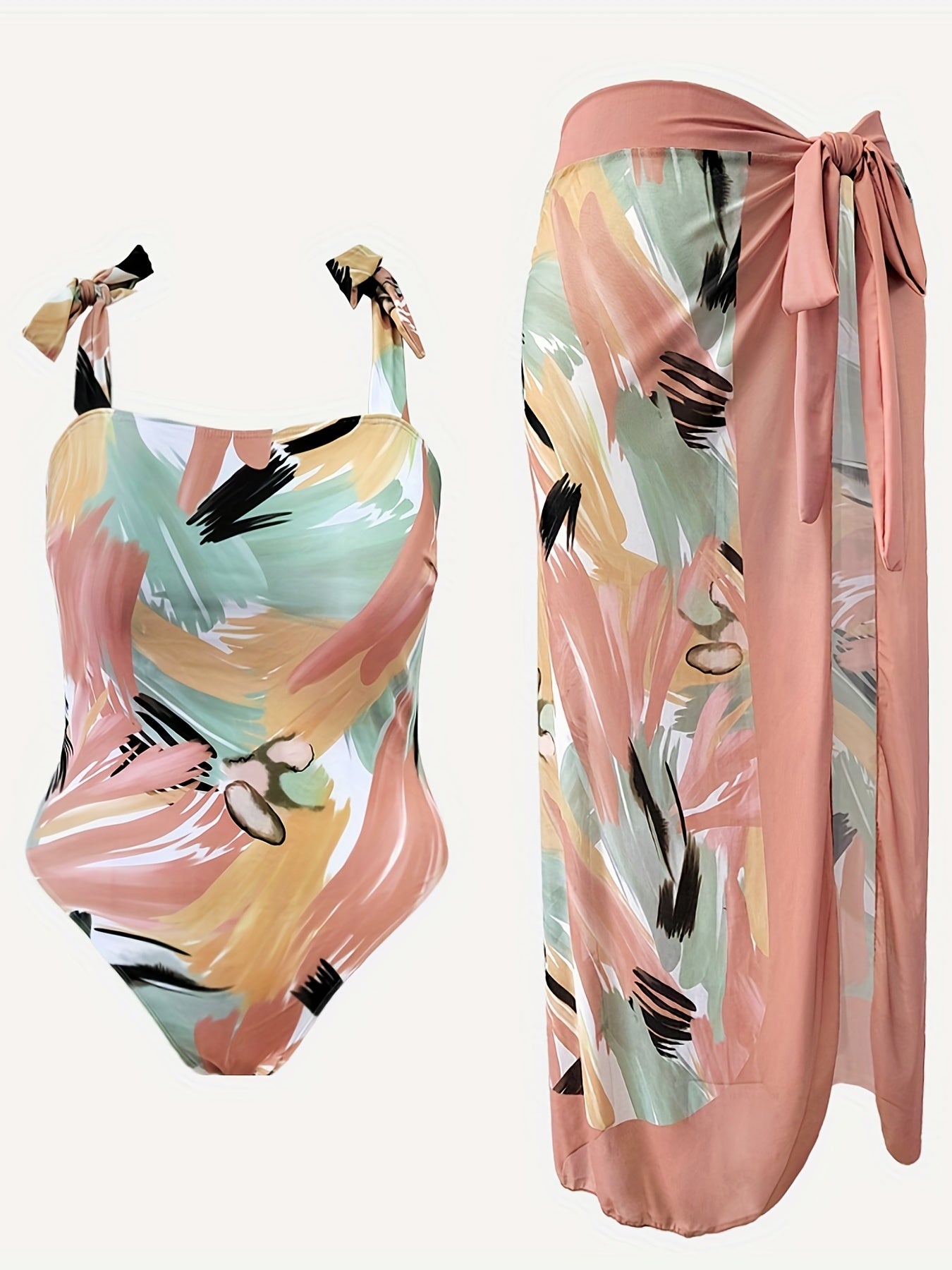 Painting Print One Piece Swimsuit & Wrap Skirt Set