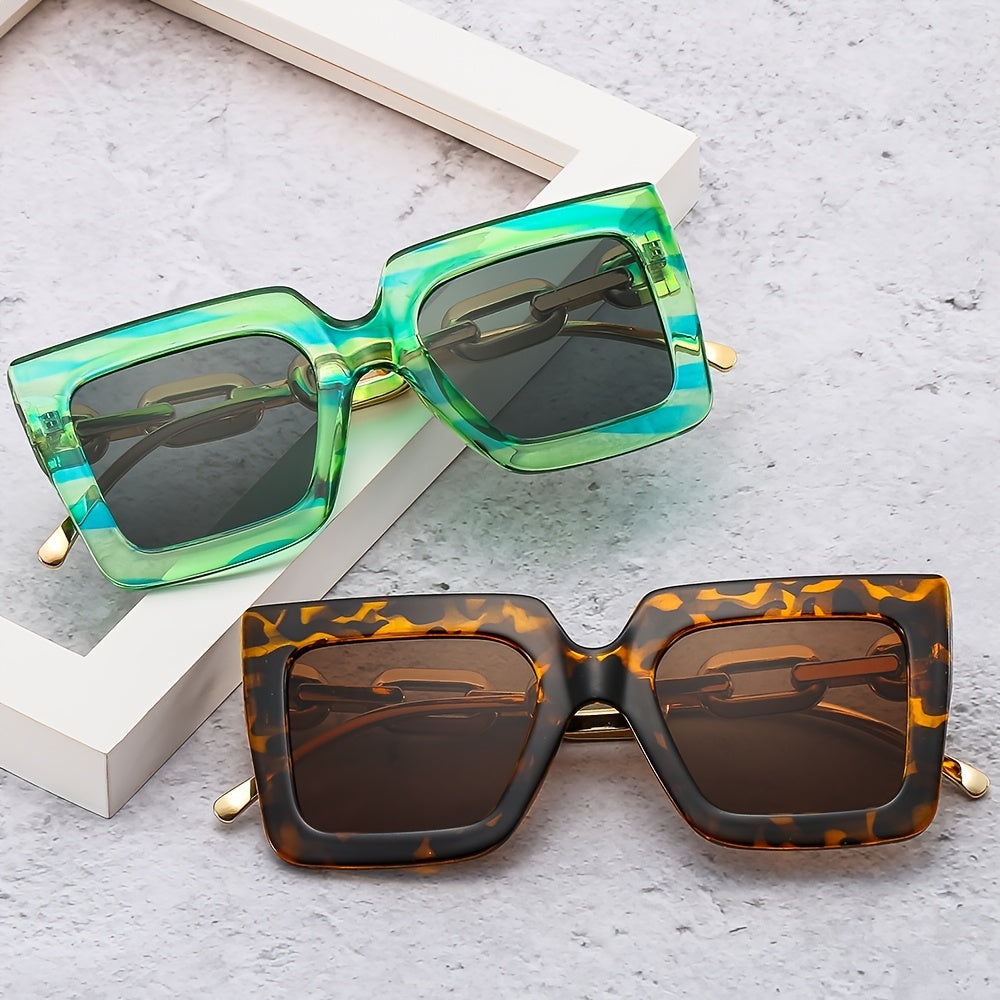 Oversized Square Sunglasses Metal Chain Temple UV Protection