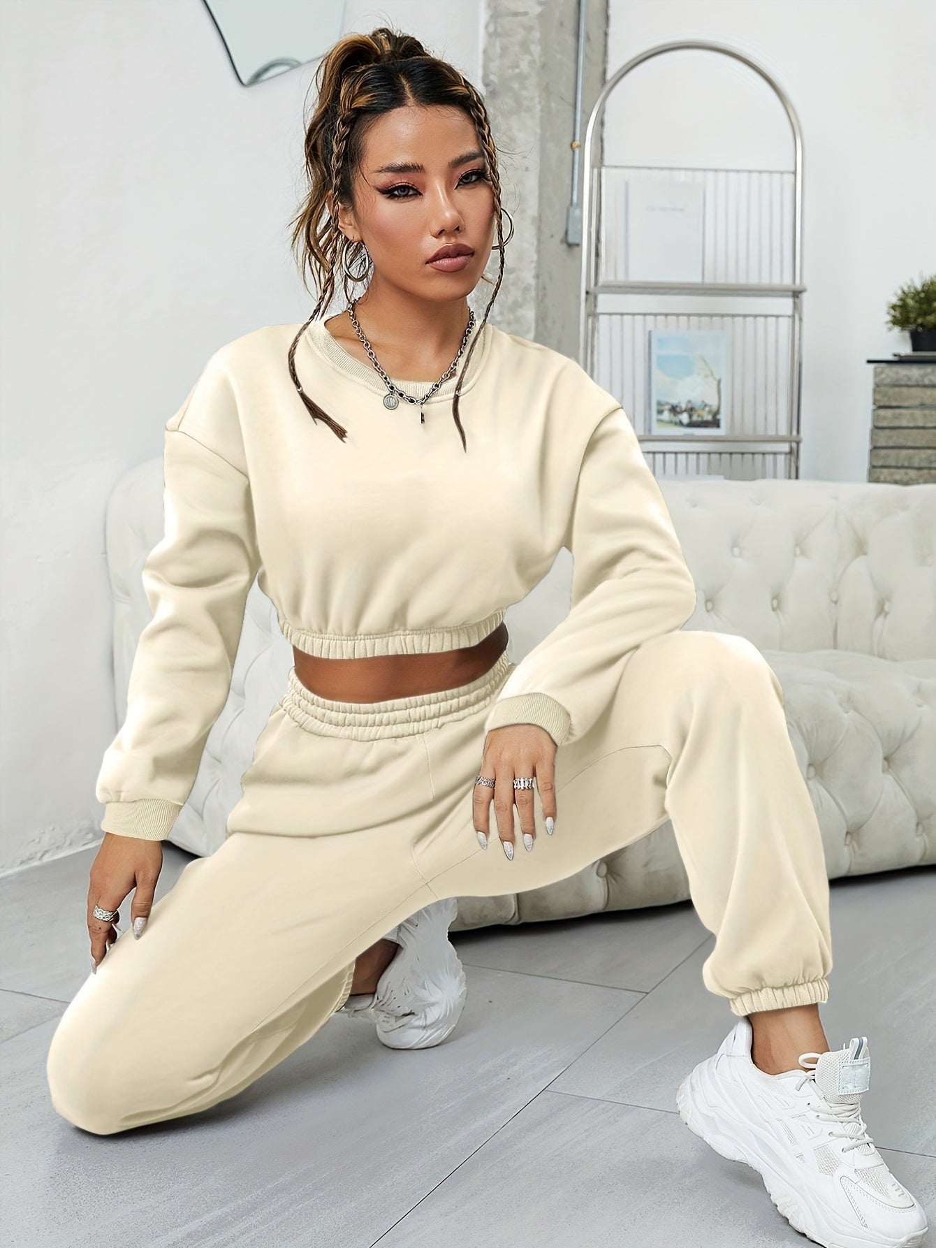 Workout 2pc Set Cropped LS Sweatshirt & Jogger Pants