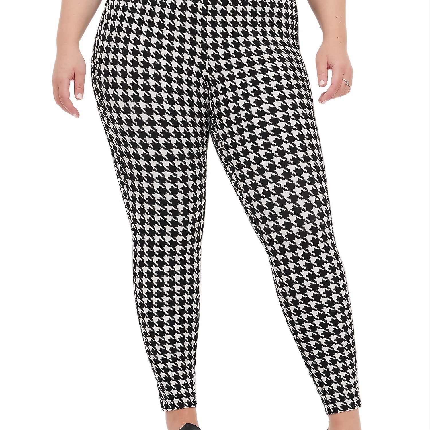 Houndstooth High Rise Wide Waist Band Stretch Leggings
