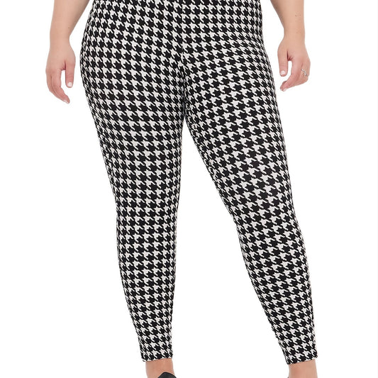 Houndstooth High Rise Wide Waist Band Stretch Leggings
