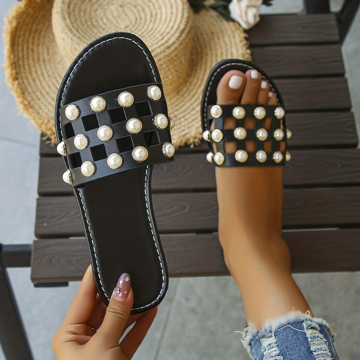 Pearl Decor Slides Hollow Out Sandals Summer Flat Shoes