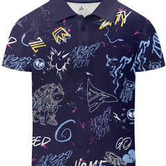 Graffiti Print Boys Creative Polo Shirt Casual Lightweight Short Sleeve Tee Tops