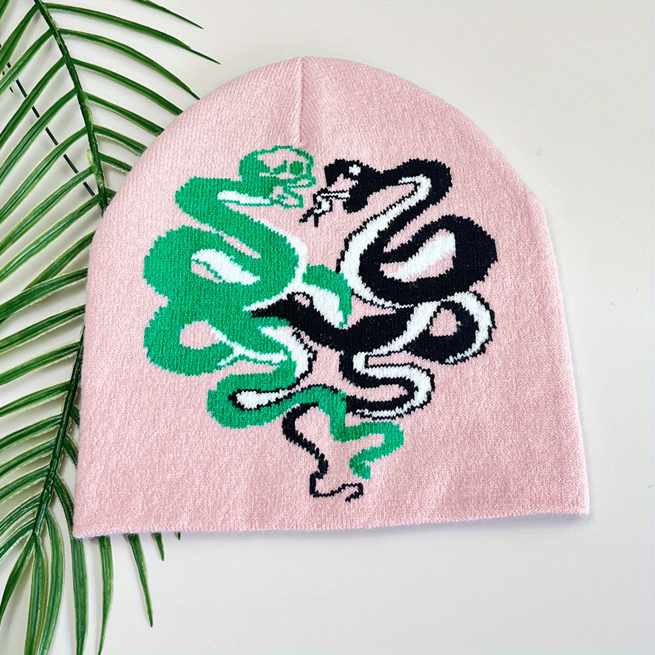 Pink Snake Jacquard Beanie Hat Soft Knit Hip Hop Cap