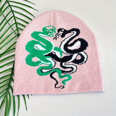 Pink Snake Jacquard Beanie Hat Soft Knit Hip Hop Cap