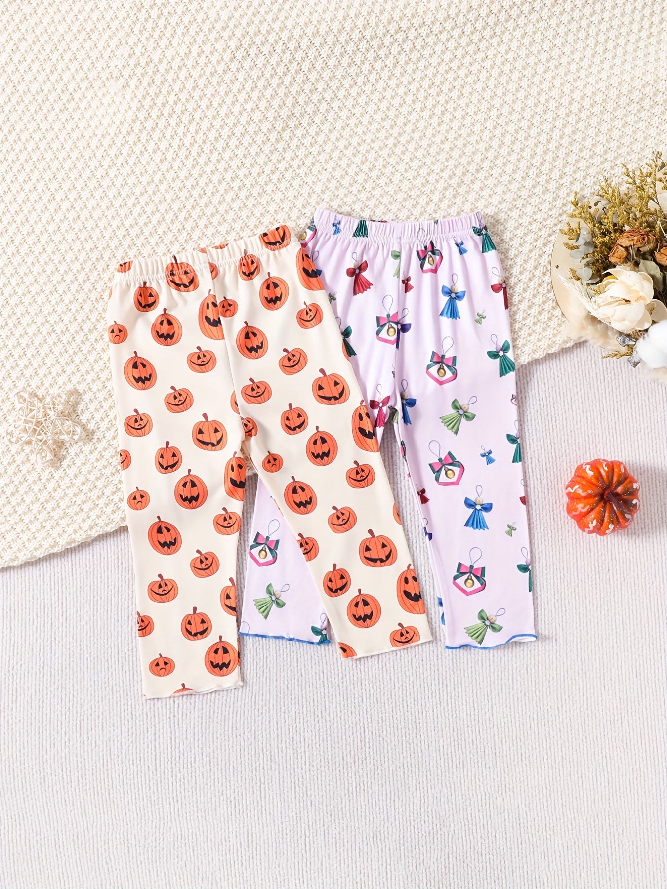 2pcs Pumpkin & Bell Print Cropped Leggings For Toddler Girls