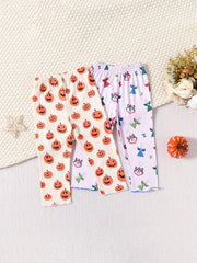 2pcs Pumpkin & Bell Print Cropped Leggings For Toddler Girls