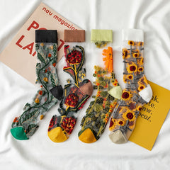 Crystal Glass Floral Mesh Socks - Women's Mid Tube Stocking