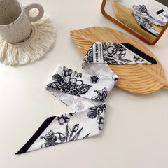 Flower Print Satin Twilly Scarf Long Neck Ribbon for Women