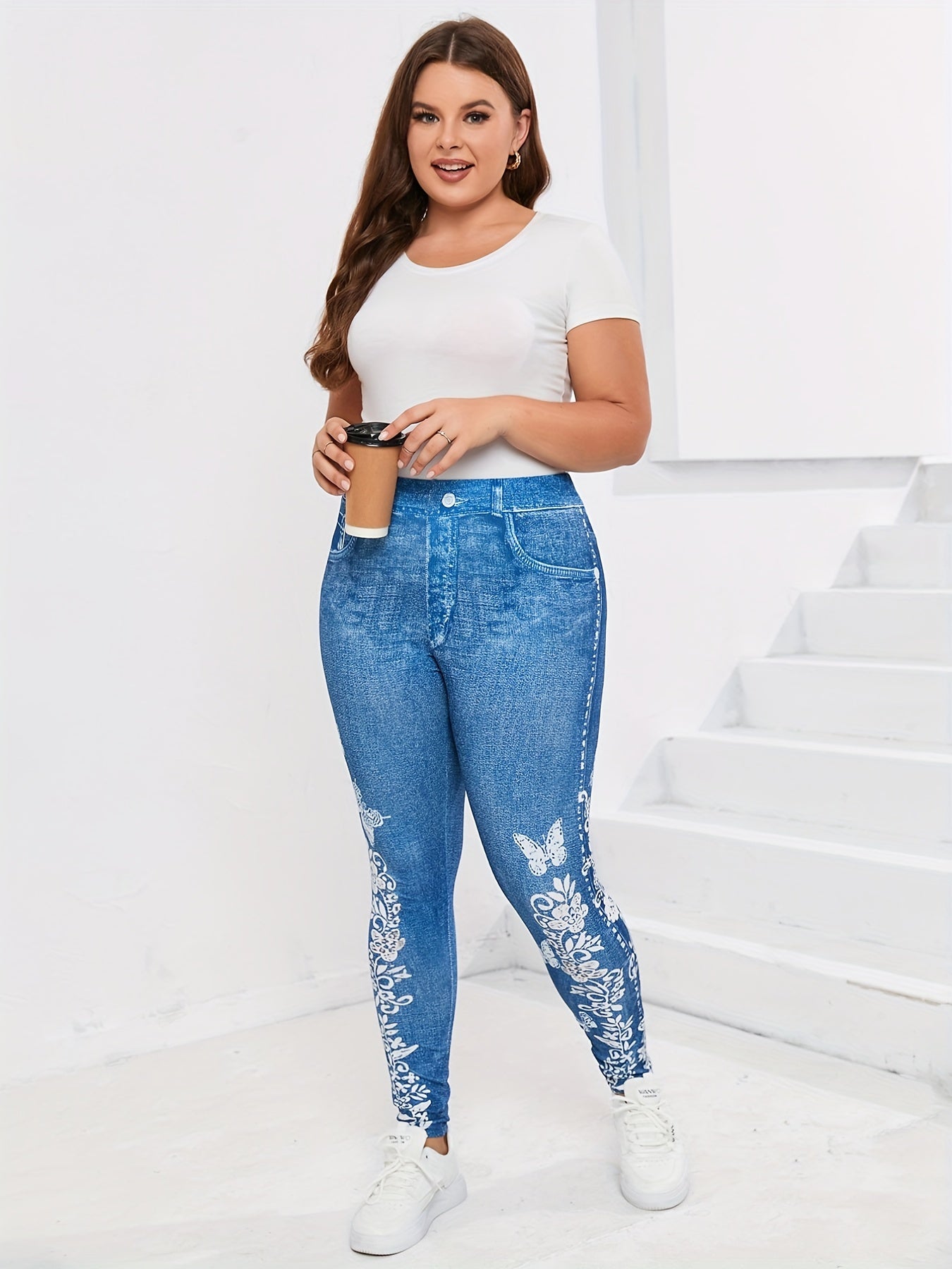 Butterfly & Denim Print High Stretch Leggings