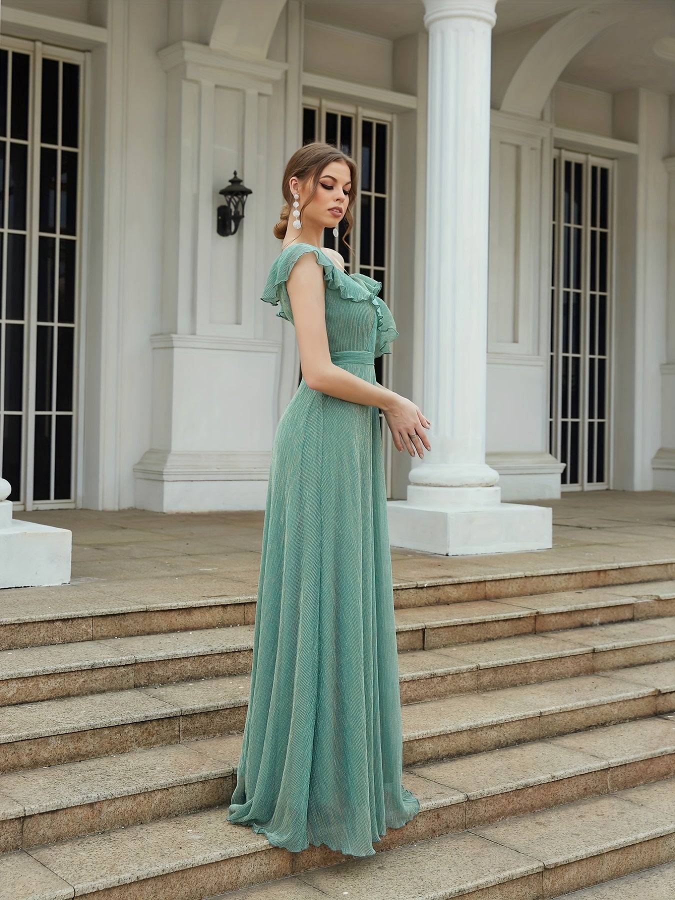 One Shoulder Ruffle Trim Bridesmaid Dress Maxi for Wedding Party