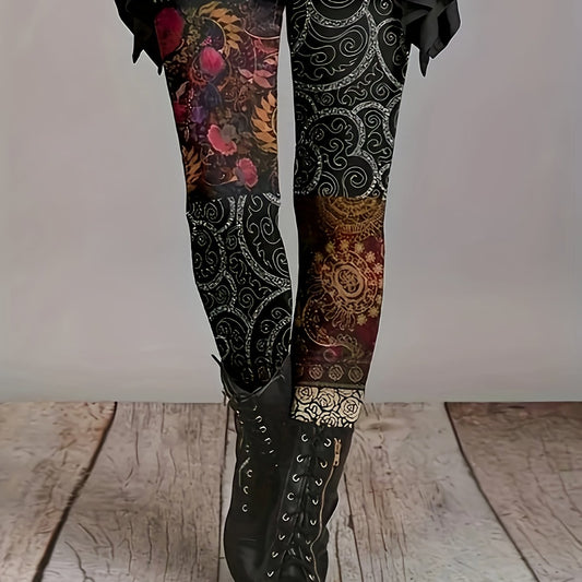 Colorblock Floral Print Leggings High Stretch Slimming Leggings