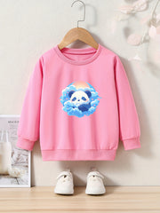 Panda Print Girls Casual Pullover Sweatshirt Long Sleeve Crew Neck Tops