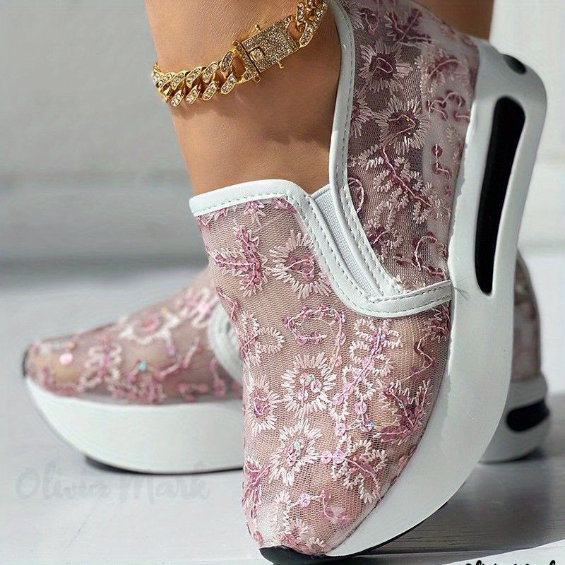 Women's Spider Web Pattern Wedge Sneakers Mesh Slip On Walking Shoes