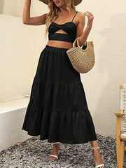 Solid Elastic High Rise Swing Maxi Skirt