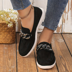 Women's Metallic Chain Decor Loafers Slip On Low Round Toe Solid Soft Sole Shoes