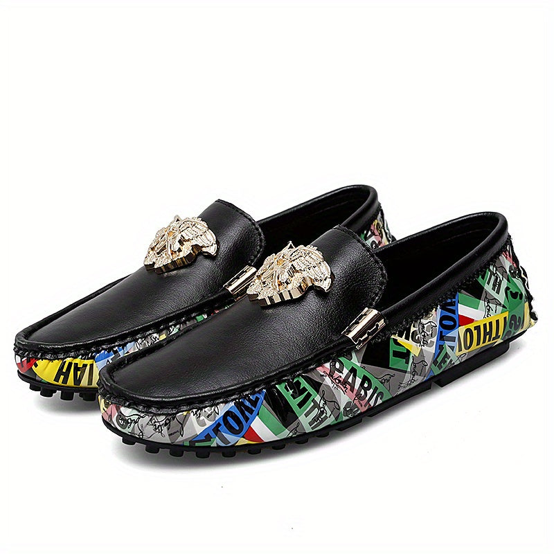 Men's Leather Loafer Slip On Shoes with Metal Decor