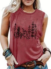 Plant Print Crew Neck Tank Top Summer Sleeveless Casual