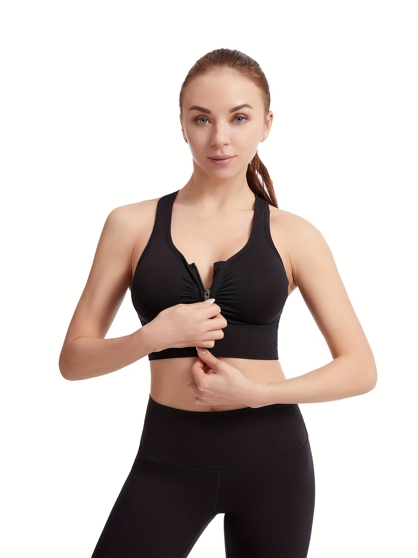 Women's Zipper Front Sports Bra Racer Back Fitness Bra