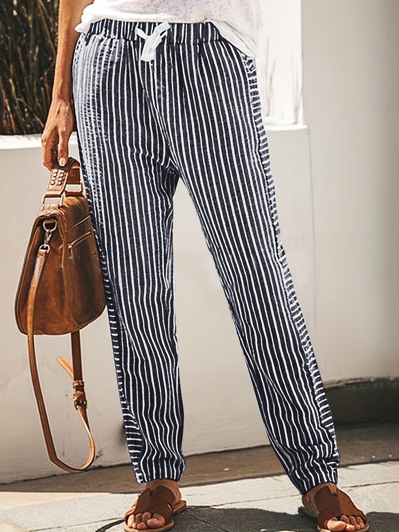 Striped Straight Leg Pants High Waist Drawstring