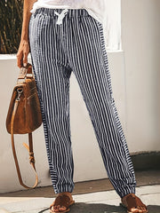 Striped Straight Leg Pants High Waist Drawstring