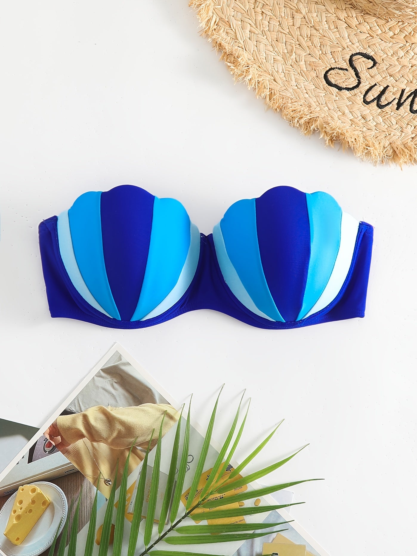 Sea Shell Shape Bikini Top Scallop Trim Bandeau Push Up Swimsuit Top