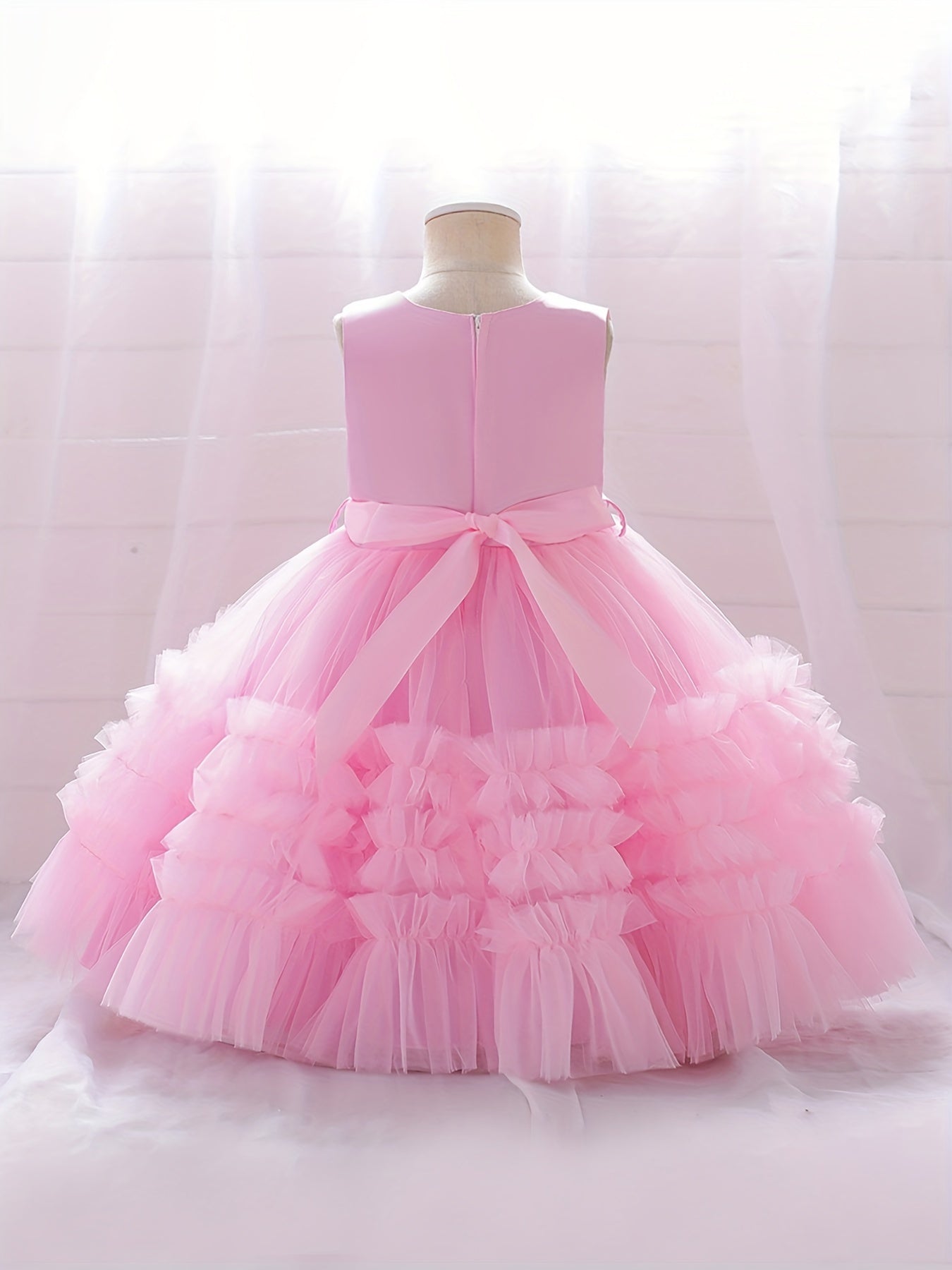 Girls Sleeveless V Neck Mesh Princess Dress with Bowknot Belt