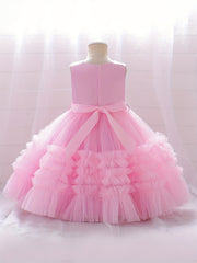 Girls Sleeveless V Neck Mesh Princess Dress with Bowknot Belt
