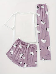 Cartoon Cat Print Pajamas Set Short Sleeve Top & Shorts Women's Sleepwear