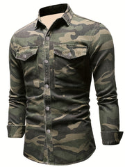 Men's Camo Military Shirt Long Sleeve Button Down for Outdoor