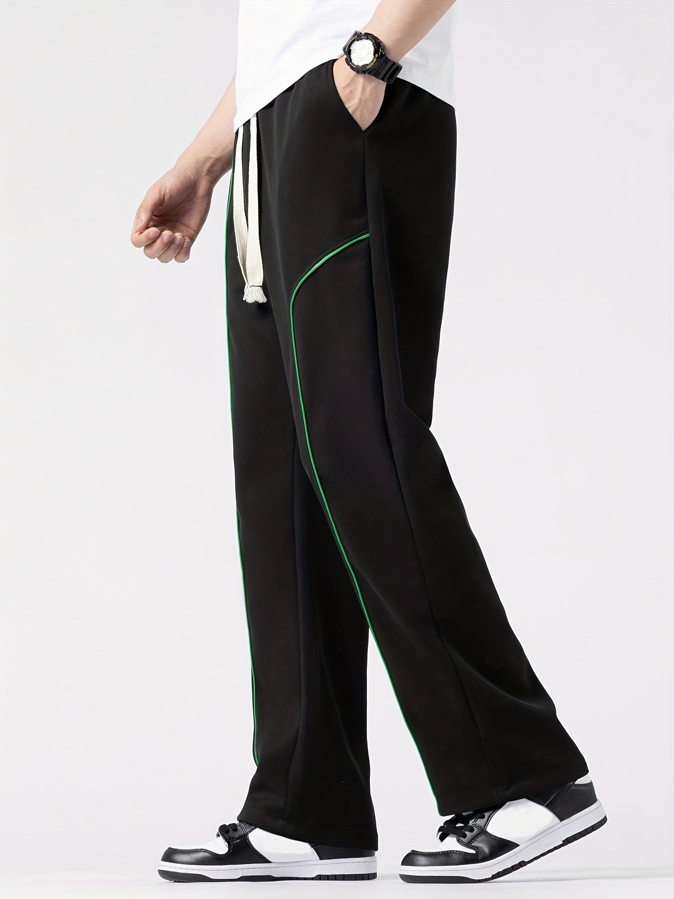 Contrast Stitching Joggers Men's Casual Loose Fit Stretch Waist Drawstring Pants